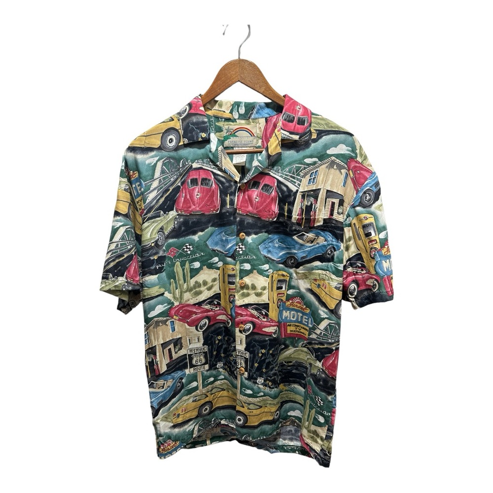 Paradise Found Route 66 Mens Hawaiian Shirt Small Vintage Cars Hawaii US…